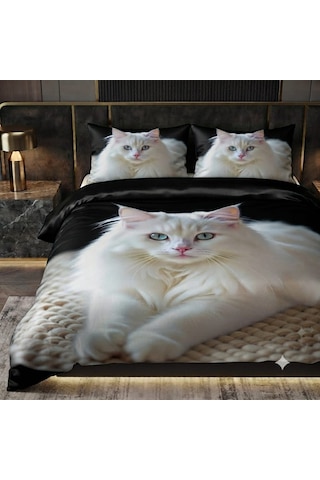 Özel Tasarım Marka Çift Kişilik Nevresim Takımı Organik Saten & Pamuk Luxury Premium Kumaş 240 260 Cm Ranforce Kedi Siyah Beyaz Van Açık Pembe - Beyaz
