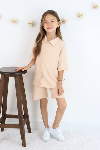 Gömlek Oversize Kız Şort Takım Bej