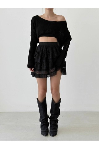 Fashion Cocktail Gotik Puantiyeli Puanlı Kat Tül Tütü Şortlu Beli Lastikli Dantelli Baharlık Yazlık Kombin Etek Siyah Siyah