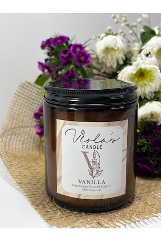 Violas Candle Amber Renk Cam Kavanoz Vanilya Kokulu %100 Soya Wax Mum Beyaz