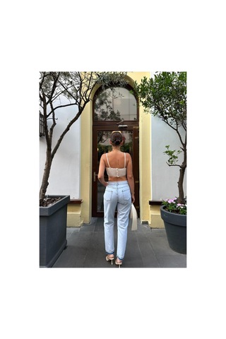 Kene Jeans Kadın Buz Kar Yüksek Bel Paça Söküm Mom Jeans Pantolon Mavi