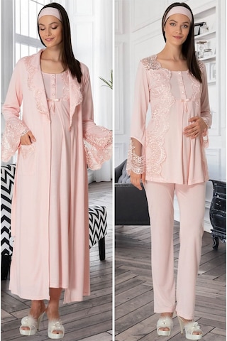 Mecit 5355 Pudra Lohusa Sabahlık Pijama Gecelik Takım