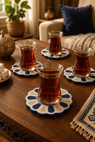 Geleneksel Türk Çay Tabağı Motifli 4 Lü Bardak Altlığı Seti Standlı - Dekoratif Bardak Altlığı - Lacivert Set Diğer