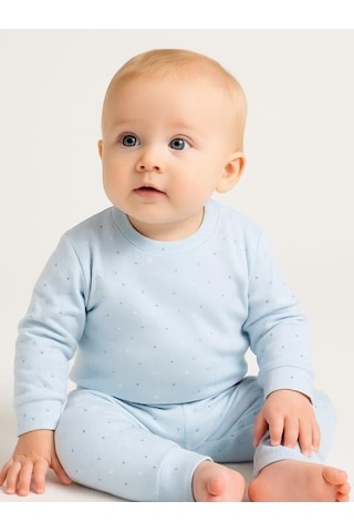 Çocuk Pamuklu Çiçek Desenli Pijama Takımı-16051 Mavi