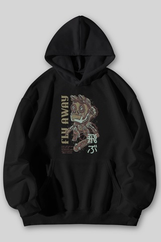 Harmandar Fly Away Baskılı Unisex Siyah Gri Kanguru Cepli Kapüşonlu Sweatshirt Hoodie SiYAH
