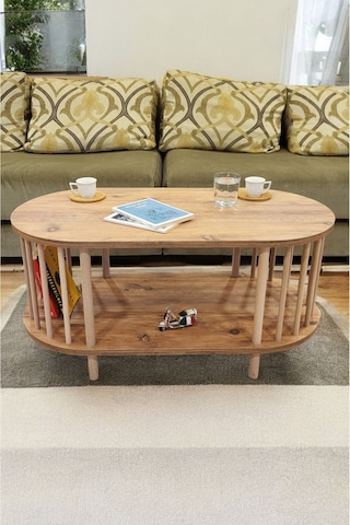 Orta Sehpa Ahşap Ayaklı Sehpa İki Raflı Sehpa Dekoratif Sehpa Gazetelikli Çam