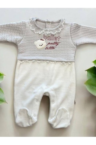 Bebe Ceyiz Sarayı Kız Bebek Ayıcıklı Kadife Dantelli Patikli Tulum-15131 Ekru