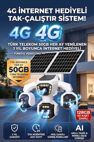 5 Kameralı Güneş Enerjili Kamera 18x Zoom Solar Panelli Profesyonel Dış Mekân Güvenlik Kamerası 50tt