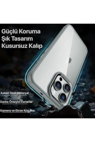 Apple iPhone Uyumlu 15 Pro İçin Hybrid Serisi Arkası Kristal Şeffaf Polikarbonat Kenarları Silikon Kamera Lens Çerçevesi Ve Tuşları Metal Yüksek Kalite Şeffaf Silikon Kılıf Titanyum Gri, Klasik