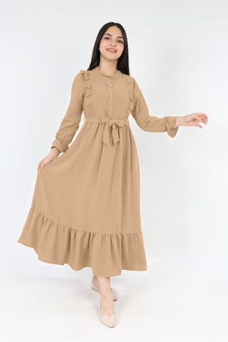 Kiz Cocuk Elbise Aerobin Keten Kumaş Tesettüre Uygun Uzun Boydan Cocuk Elbise Açık Bej