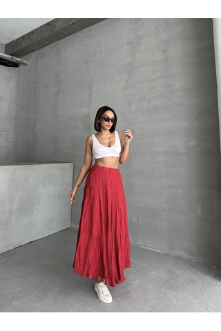 Kadın Buruşuk Modal Dokulu Soft Uzun Etek Kırmızı