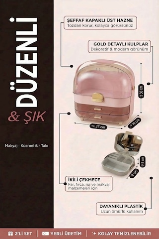 Makri Home Çok Bölmeli Şeffaf Çekmeceli Makyaj & Kozmetik Organizeri Pembe Ve İkili Çekmeceli Organizer Pembe