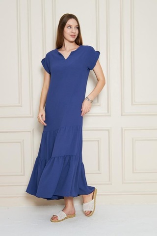 Kadın Uzun Eteği Fırfırlı Kısa Kol Apolet Detaylı Salaş Günlük Rahat Elbise 3761366 İndigo
