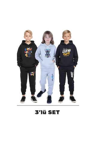 Fyk Kids 3'lü Erkek Çocuk Kapüşonlu Yaka Baskı Detaylı Eşofman Takımı Çok Renkli