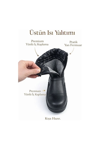 Erkek Kar Botu İçi Yünlü, Fermuarlı, Suya Dayanıklı, Kışlık... Siyah