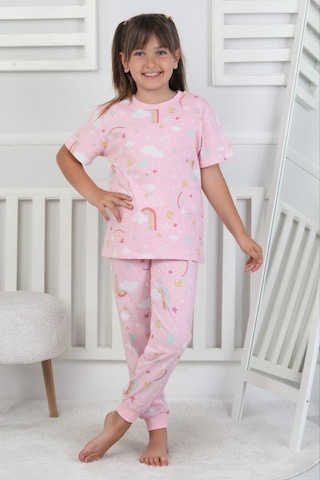 %100 Pamuk Gökkuşağı Desenli Kısa Kollu Manşetli Paça Kız Çocuk Pijama Takımı 3-8 Yaş Pembe