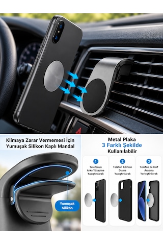 Telefon Tutucu Araç Klima Menfezine Takılan Mıknatıslı Metal Gri