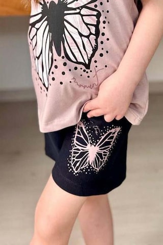 Riccotarz Kız Çocuk Kara Kalem Kelebek Baskılı Penye Pudra T-shirt Şortlu Takım Pudra