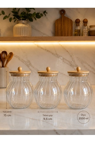 Qerhome Bambu Kapaklı Borosilikat Cam Kavanoz Seti Çizgili Erzak Ve Bakliyat Saklama Kabı 3 Ad 2000 Ml Dr51 Şeffaf