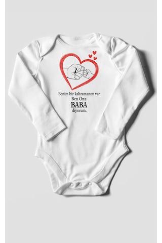 Benim Bir Kahramanım Varc Ben Ona Baba Diyorum Baskılı Bebek Zıbını Çıtçıtlı Body Uzun Kol Beyaz