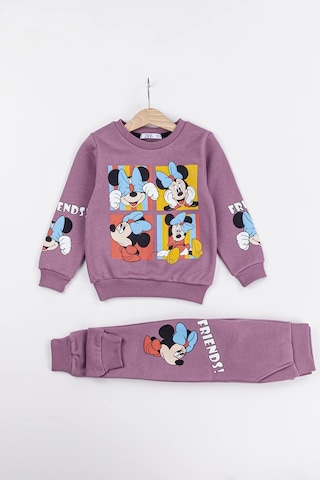 Kız Çocuk Minnie Mouse Baskılı 3 İplik Şardonlu Kışlık Sweat Ve Eşofman Alt Üst Takım Lila