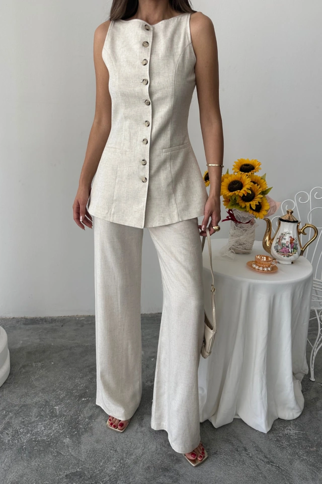 S-pazarım Keten Yelek - Pantolon Takım - Taş Altın