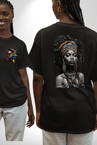 Afrikalı Kadın Sanat Siyahi Siyah Oversize Kadın Erkek Ön Ve Sırt Baskılı Tişört Siyah