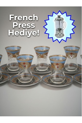 Topkapı 6 Kişilik Çay Seti, French Press Hediyeli, 9 Farklı Osmanlı Desenli Çay Bardağı Takımı 6, Topkapı Mav Diğer