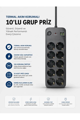 Mey İthalat Termal Akım Korumalı Usb Type-c Girişli 10'lu Grup Priz 2500w Güç Kapasitesi Kopya Standart