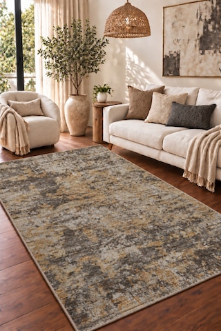 Vivanni Home Everlynn Polyester Vintage Halı Pamuk Atkı Tabanlı Modern Dokuma Ev Halısı Kahverengi Gold