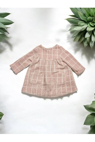 Çikoby Kız Bebek Kare Desenli Cep Detaylı Elbise-14887 Pudra