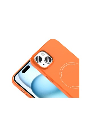 Apple iPhone Uyumlu 15 Kılıf M-safe Şarj Özellikli Kamera Korumalı Elio Sert Pc Kılıf Turuncu