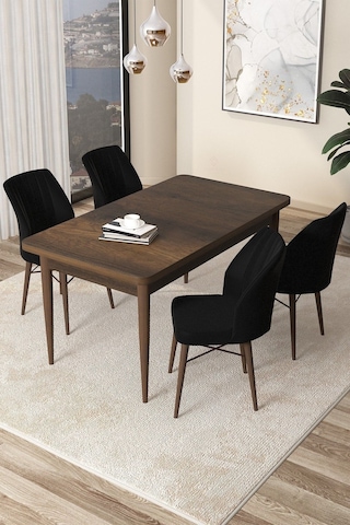 Canisa Arp Serisi, Barok Ahşap Desen 71x110 Sabit Yemek Masası Takımı, Masa 4 Siyah Sandalye Masa Barok Ahşap Desen Sandalye Siyah