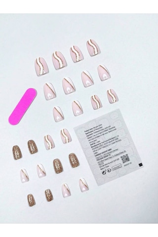 Pembe Gold Beyaz Desenli Badem Takma Tırnak Seti 24 Adet