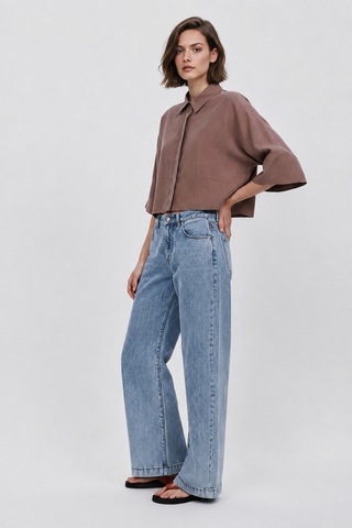 Feg Store Kahve Yarasa Kol Duble Manşetli Modal Oversize Gömlek Kahverengi