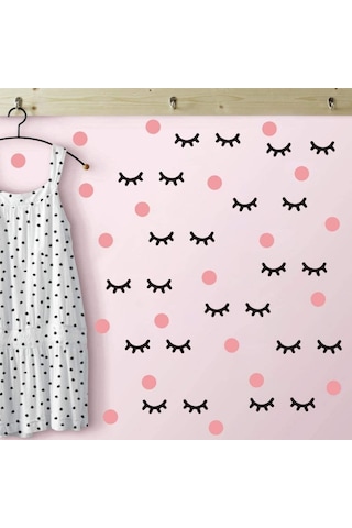Pembe Polka Siyah Kirpik Çocuk Odası Duvar Sticker