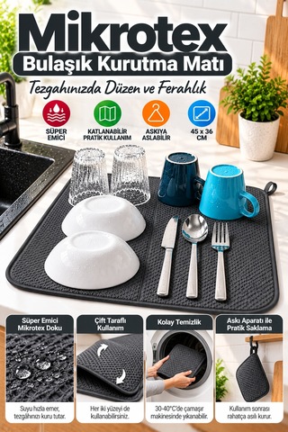 Antrasit Bez Mikrotex Bulaşık Kurutma Matı 45x36 Cm Süper Emici Katlanabilir Tezgah Üstü Kurutma Matı