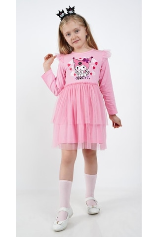 Kuromi Pembe Tül Detaylı Kız Çocuk Elbisesi Pembe