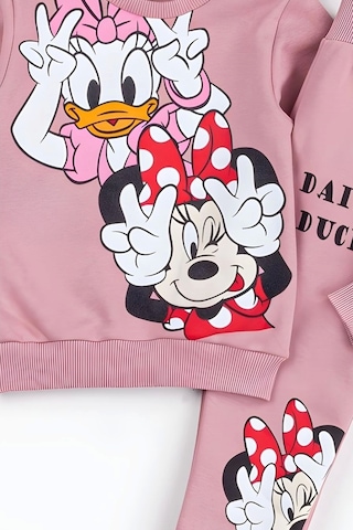 Kız Çocuk Minnie Mouse Ve Daisy Duck Baskılı 3 İplik Şardonlu Kışlık Sweat Ve Eşofman Alt Üst Takım Pembe