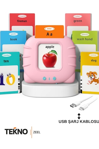 Teknozeel İngilizce Konuşan Sesli Flaş Kart Seti 112 Kart Okul Öncesi Öğrenme Eğitici Oyuncak Pembe Renk