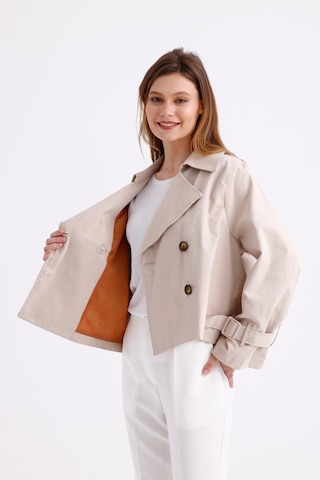 Pastelastore %100 Pamuk Gabardin Astarlı Oversize Geniş Kalıp Kadın Crop Kısa Trençkot 1122 Taş Rengi Taş