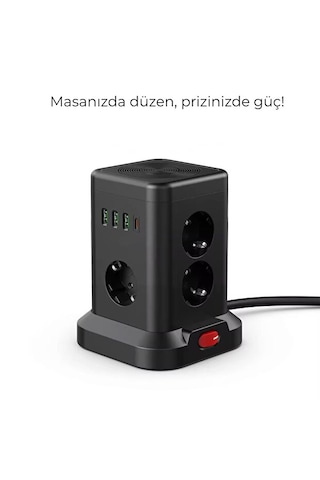 7 Li Kule Tipi Çoklu Priz 3 Usb-a + 1 Type-c Akım Korumalı Tek Tuş Kontrol Kompakt Masaüstü Tasarım 2 m
