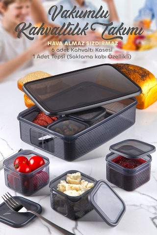 Kitchen Life 7 Parça Vakum Kapaklı Sızdırmaz Hava Almaz Kahvaltılık Seti Siyah