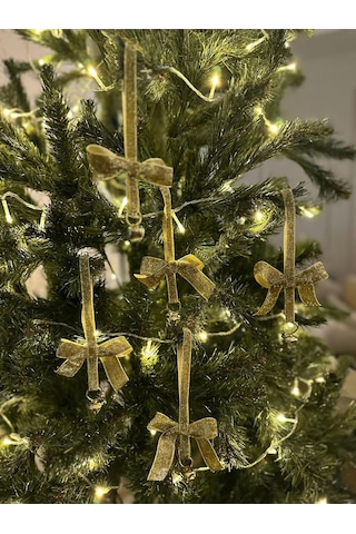 Yılbaşı Simli Altın Gold Kadife Kurdeleli Zilli Zincir Lüks Noel Çam Ağacı Süsü 5 Adet