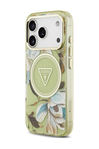 Apple Uyumlu iPhone 17 Pro Kılıf Guess Lisanslı M-safeli Simli Çiçek Desenli Metal Kamera Çerçeveli Kapak Yeşil Yeşil