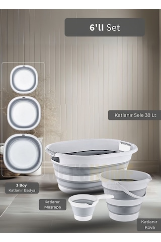 Jet's Home 6'lı Banyo Seti Katlanır Sele Katlanır Badya Katlanır Kova Katlanır Maşrapa Bpa Free Beyaz - Gri
