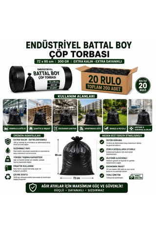 Endüstriyel Battal Boy Çöp Torbası 72x95 Cm 300 Gr - 20 Rulo X 10 Adet Toplam 200 Adet Kalın Ve Dayanıklı Siyah Çöp Poşeti