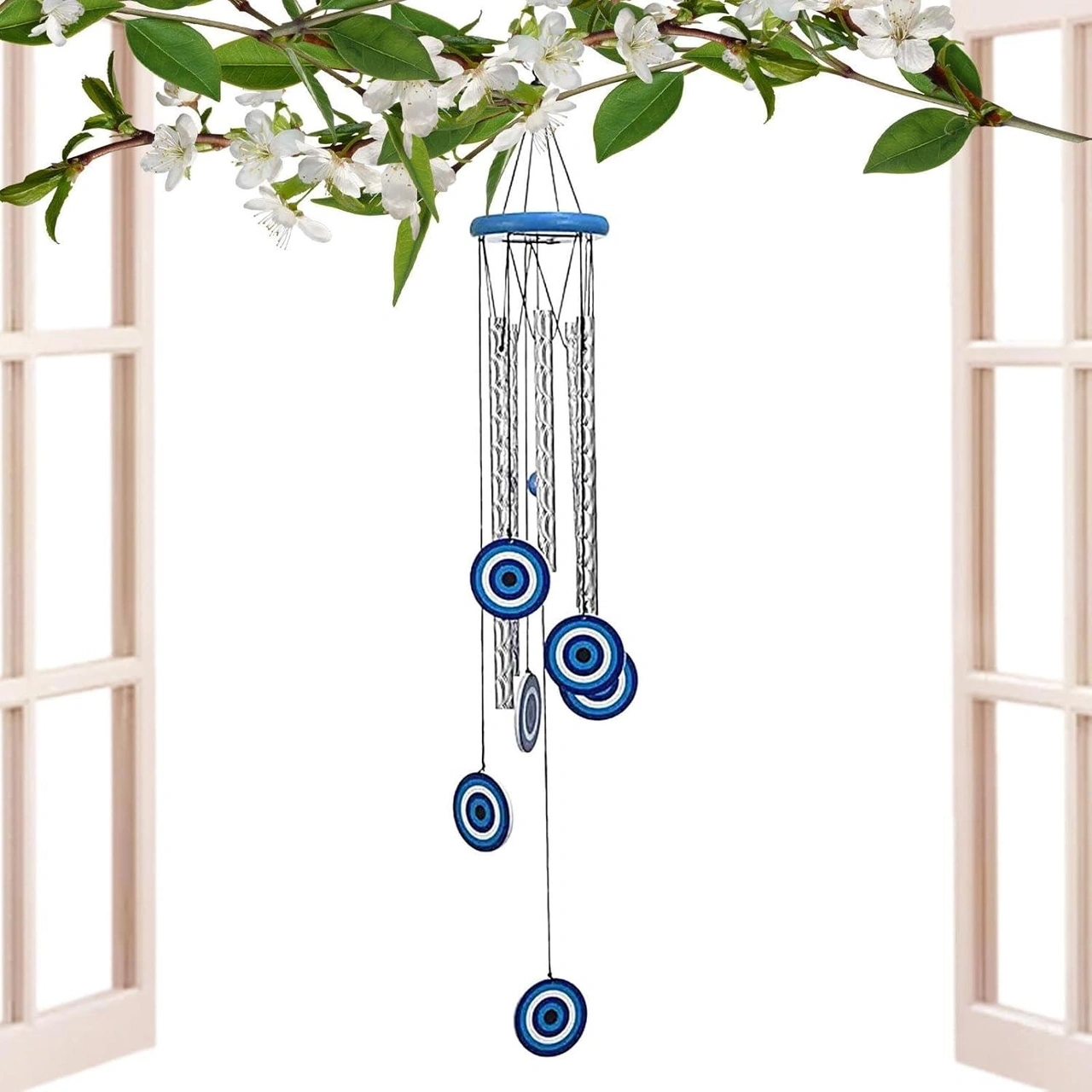 Feng Shui Nazar Boncuğu Rüzgar Çanı Metal Kötü Göze Karşı Dış Mekan Dekoratif Bahçe Kapı Süsü 60 Cm. 60  Cm