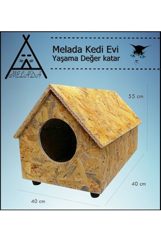 Melada Kedi Evi Dış Ortam Uygun Ahşap Kedi Evi Osb 55x40x40 Cm