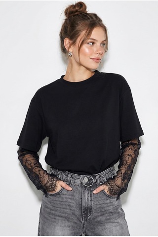 Shade Kadın Bisiklet Yaka Dantel Kollu Oversize Pamuklu T-shirt 1049 60286075 - Siyah